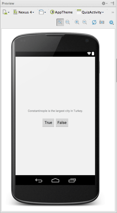 Preview in graphical layout tool (activity_quiz.xml)